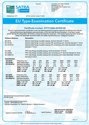 Certificado CE para tapones de oído para música EC-2018 y EC-2065