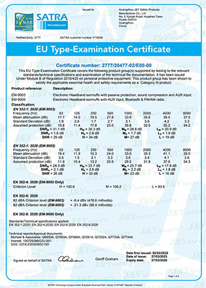 Certificado CE para orejeras electrónicas EM-9003 y EM-9005