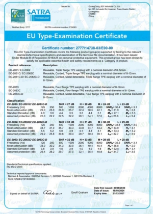  Certificado CE para tapones de oído de TPE